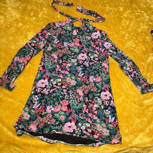 Anthropologie Whit Floral Midi Long Sleeve Dress Back Neck Tie Lined Womens Sz S